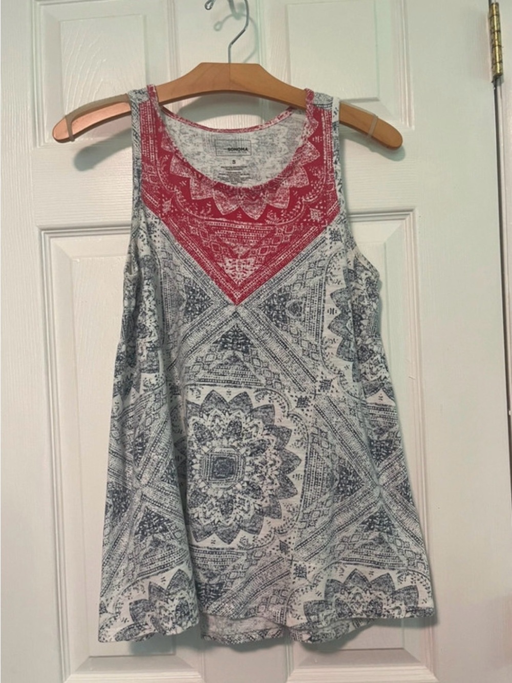 Sonoma White Tank with Red Yoke and Blue Medallion Print